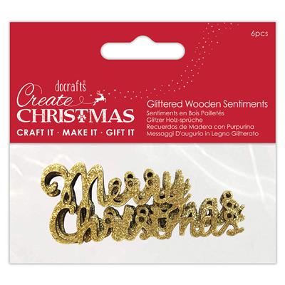 MERRY CHRISTMAS GLITTERED WOODEN SENTIMENTS (6PCS) - GOLD